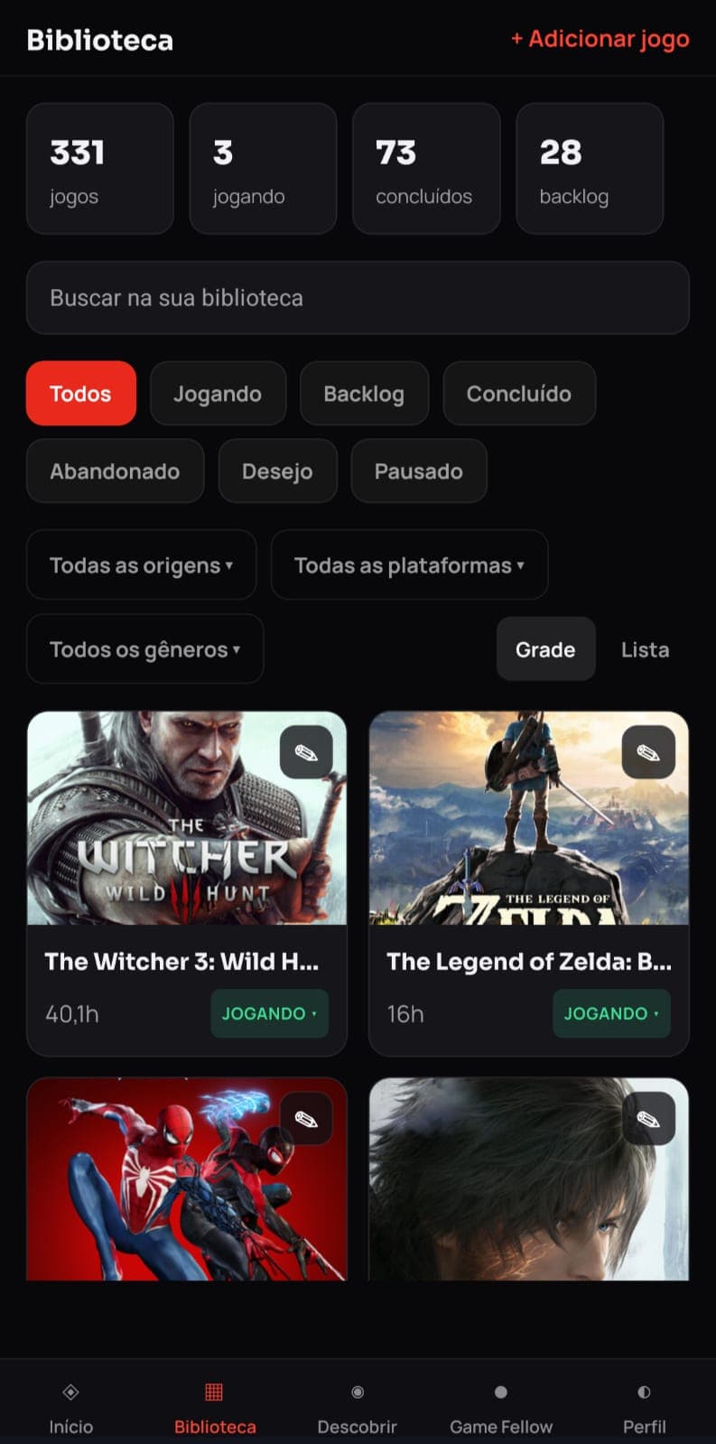 Biblioteca de jogos no app do Game Fellow